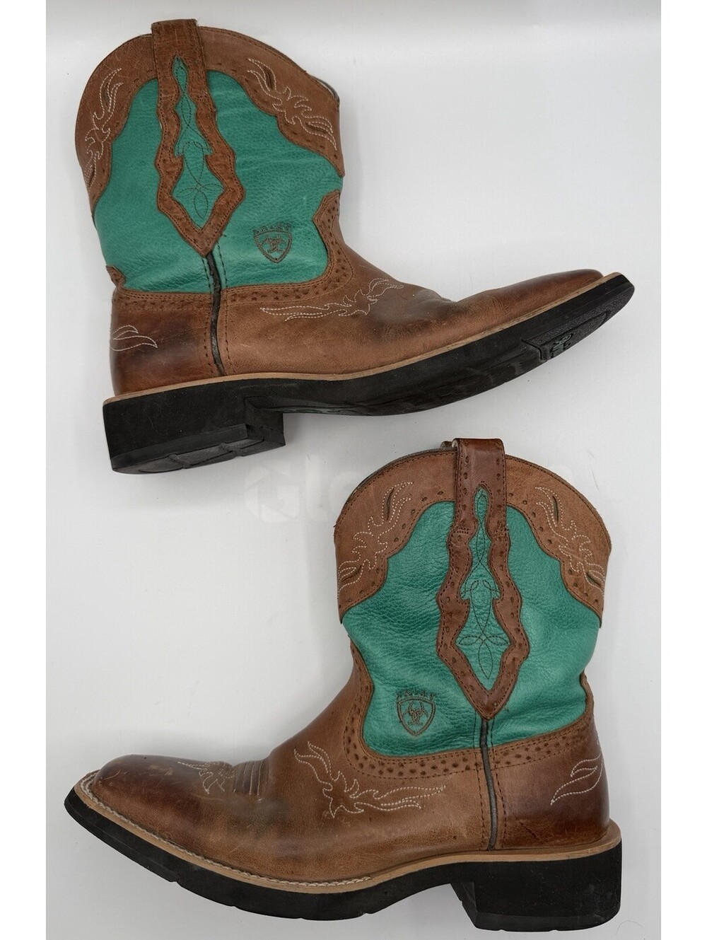 Ariat Womenโs Fatbaby Brown Teal Leather Cowboy Boots Square Toe Western 8.5